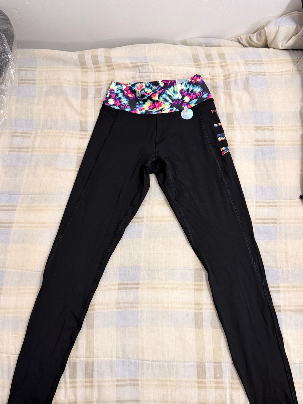 Pink women Black Leggings with Multicolor Tie-Dye Waistband